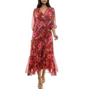 Maison Tara Ruffled Chiffon Maxi Dress Sz 12(L) Lined Faux Wrap Flowy